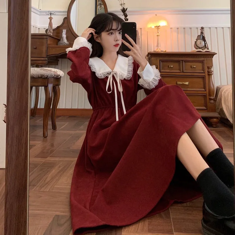 VenusFox Vintage Dress Women Sweet Lace Peter Pan Collar French Elegant Long Sleeve Lace-Up Fairy One Piece Dress Korean 2021 Spring Chic