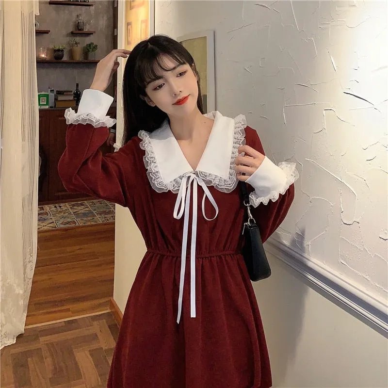 VenusFox Vintage Dress Women Sweet Lace Peter Pan Collar French Elegant Long Sleeve Lace-Up Fairy One Piece Dress Korean 2021 Spring Chic