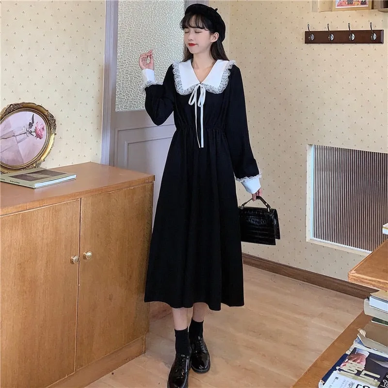 VenusFox Vintage Dress Women Sweet Lace Peter Pan Collar French Elegant Long Sleeve Lace-Up Fairy One Piece Dress Korean 2021 Spring Chic