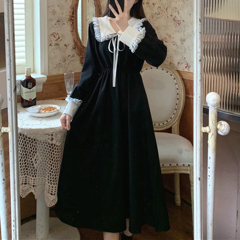VenusFox Vintage Dress Women Sweet Lace Peter Pan Collar French Elegant Long Sleeve Lace-Up Fairy One Piece Dress Korean 2021 Spring Chic