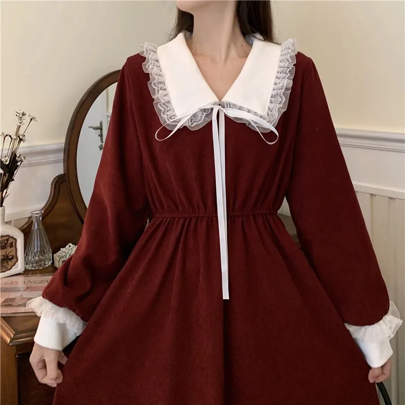 VenusFox Vintage Dress Women Sweet Lace Peter Pan Collar French Elegant Long Sleeve Lace-Up Fairy One Piece Dress Korean 2021 Spring Chic