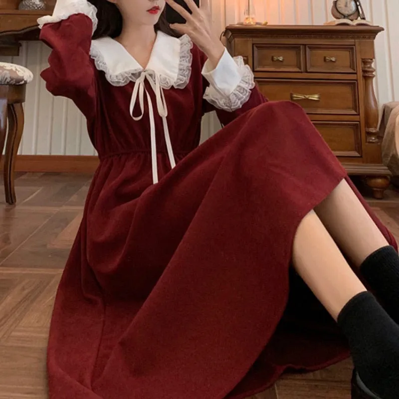 VenusFox Vintage Dress Women Sweet Lace Peter Pan Collar French Elegant Long Sleeve Lace-Up Fairy One Piece Dress Korean 2021 Spring Chic