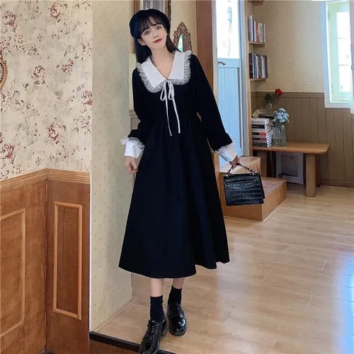 VenusFox Vintage Dress Women Sweet Lace Peter Pan Collar French Elegant Long Sleeve Lace-Up Fairy One Piece Dress Korean 2021 Spring Chic