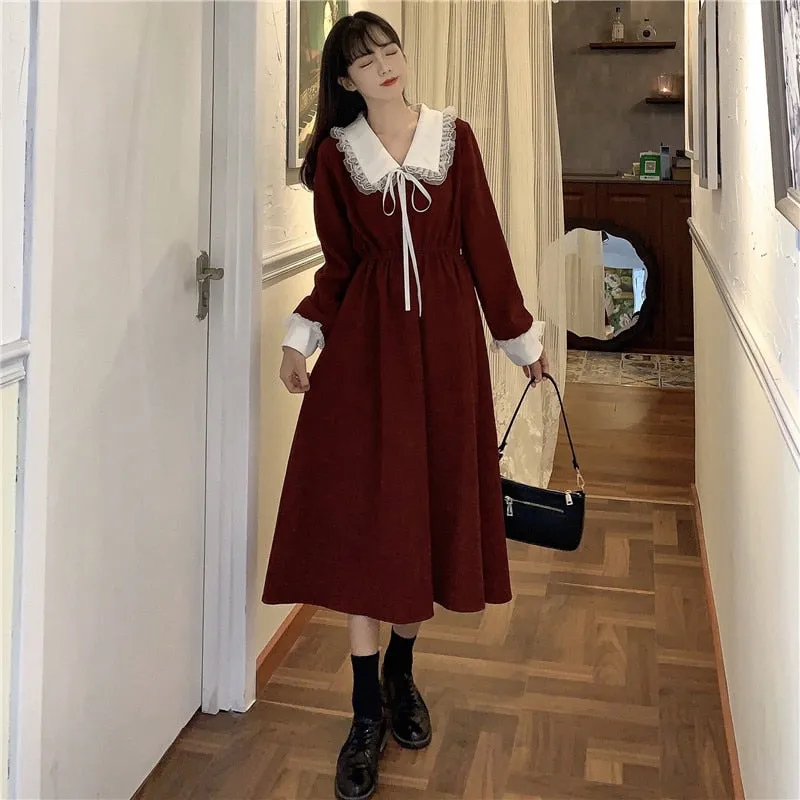 VenusFox Vintage Dress Women Sweet Lace Peter Pan Collar French Elegant Long Sleeve Lace-Up Fairy One Piece Dress Korean 2021 Spring Chic