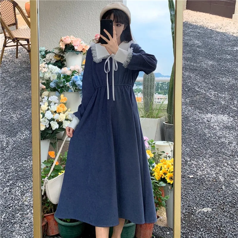 VenusFox Vintage Dress Women Sweet Lace Peter Pan Collar French Elegant Long Sleeve Lace-Up Fairy One Piece Dress Korean 2021 Spring Chic