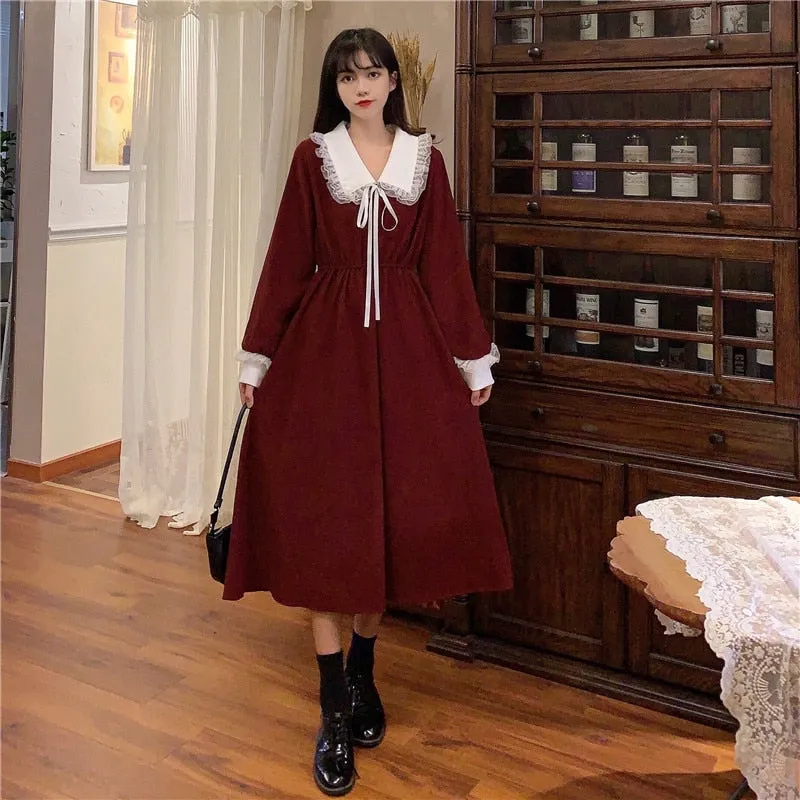 VenusFox Vintage Dress Women Sweet Lace Peter Pan Collar French Elegant Long Sleeve Lace-Up Fairy One Piece Dress Korean 2021 Spring Chic