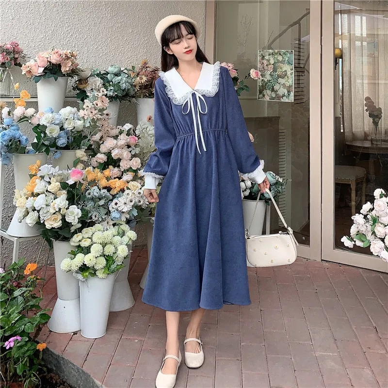 VenusFox Vintage Dress Women Sweet Lace Peter Pan Collar French Elegant Long Sleeve Lace-Up Fairy One Piece Dress Korean 2021 Spring Chic