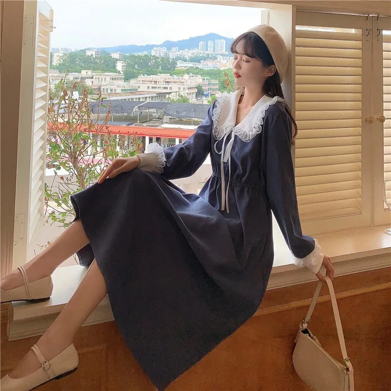 VenusFox Vintage Dress Women Sweet Lace Peter Pan Collar French Elegant Long Sleeve Lace-Up Fairy One Piece Dress Korean 2021 Spring Chic