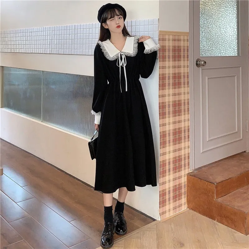 VenusFox Vintage Dress Women Sweet Lace Peter Pan Collar French Elegant Long Sleeve Lace-Up Fairy One Piece Dress Korean 2021 Spring Chic