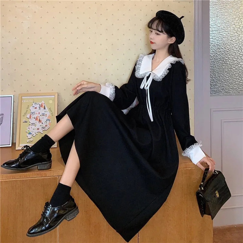 VenusFox Vintage Dress Women Sweet Lace Peter Pan Collar French Elegant Long Sleeve Lace-Up Fairy One Piece Dress Korean 2021 Spring Chic