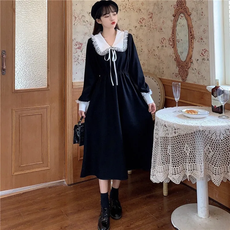 VenusFox Vintage Dress Women Sweet Lace Peter Pan Collar French Elegant Long Sleeve Lace-Up Fairy One Piece Dress Korean 2021 Spring Chic