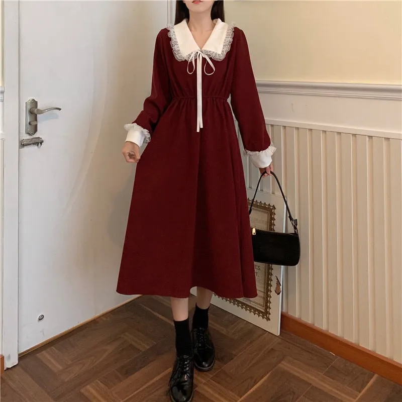 VenusFox Vintage Dress Women Sweet Lace Peter Pan Collar French Elegant Long Sleeve Lace-Up Fairy One Piece Dress Korean 2021 Spring Chic