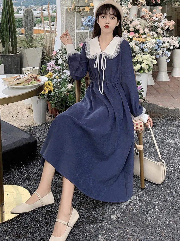 VenusFox Vintage Dress Women Sweet Lace Peter Pan Collar French Elegant Long Sleeve Lace-Up Fairy One Piece Dress Korean 2021 Spring Chic