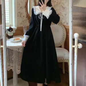 VenusFox Vintage Dress Women Sweet Lace Peter Pan Collar French Elegant Long Sleeve Lace-Up Fairy One Piece Dress Korean 2021 Spring Chic