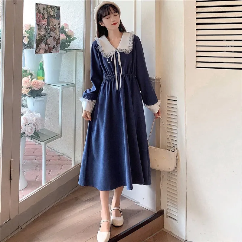 VenusFox Vintage Dress Women Sweet Lace Peter Pan Collar French Elegant Long Sleeve Lace-Up Fairy One Piece Dress Korean 2021 Spring Chic