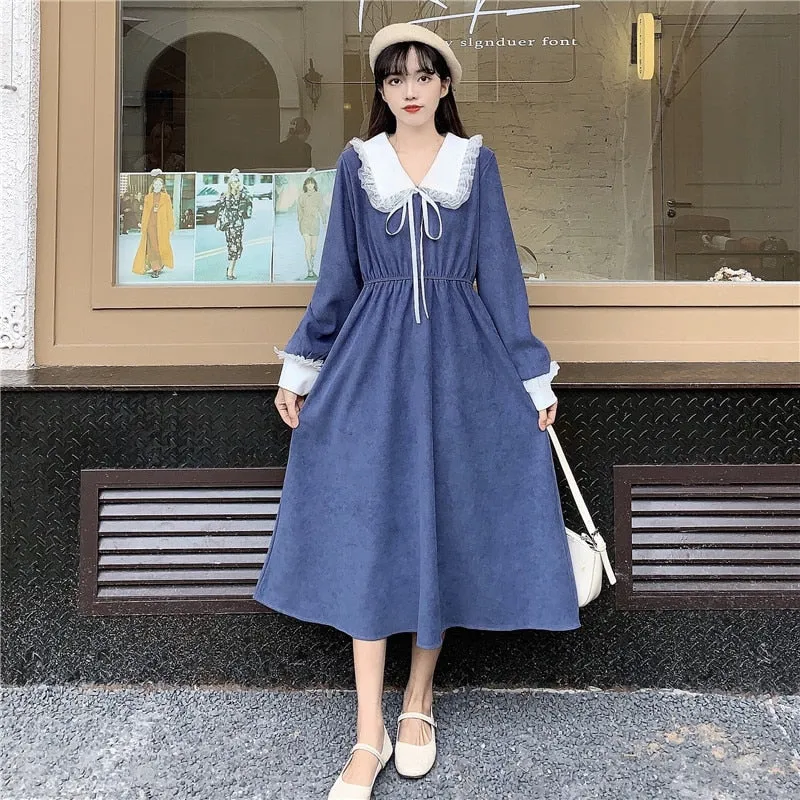 VenusFox Vintage Dress Women Sweet Lace Peter Pan Collar French Elegant Long Sleeve Lace-Up Fairy One Piece Dress Korean 2021 Spring Chic