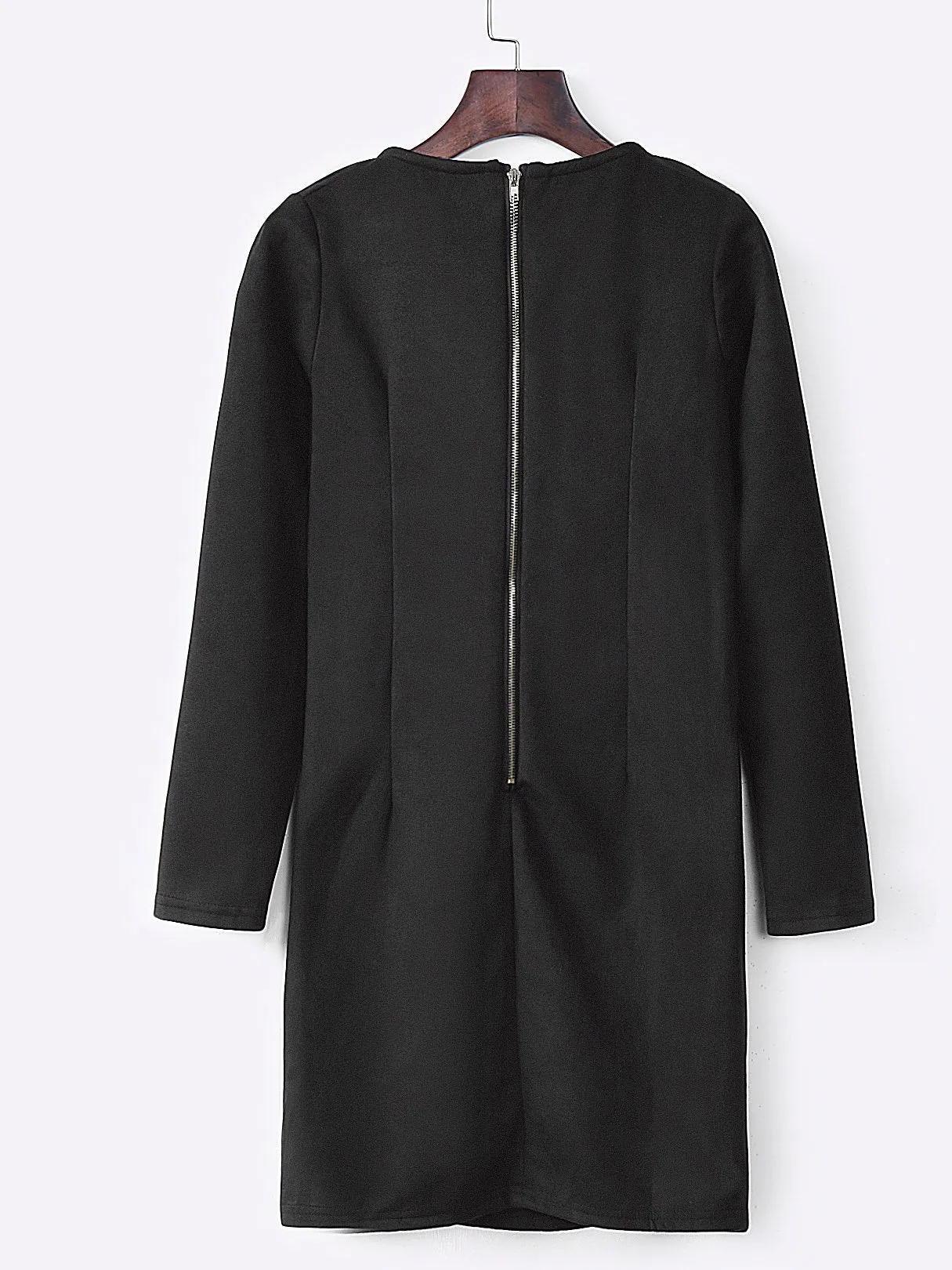 Wholesale Black Round Neck Long Sleeve Zip Back Slit Hem Mini Dress