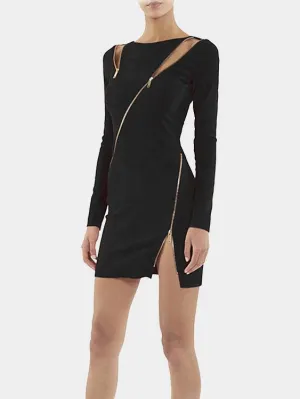 Wholesale Black Round Neck Long Sleeve Zip Back Slit Hem Mini Dress