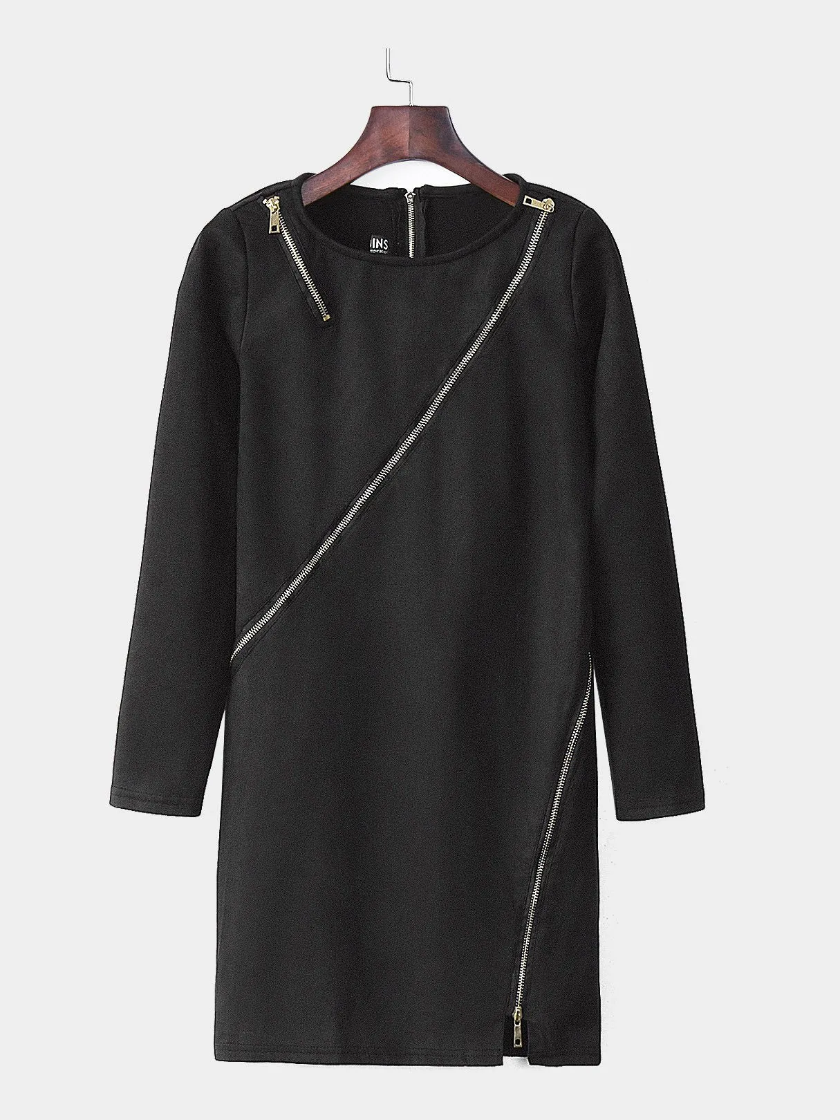 Wholesale Black Round Neck Long Sleeve Zip Back Slit Hem Mini Dress