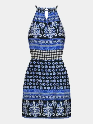 Wholesale Blue Halter Sleeveless Cut Out Mini Dresses