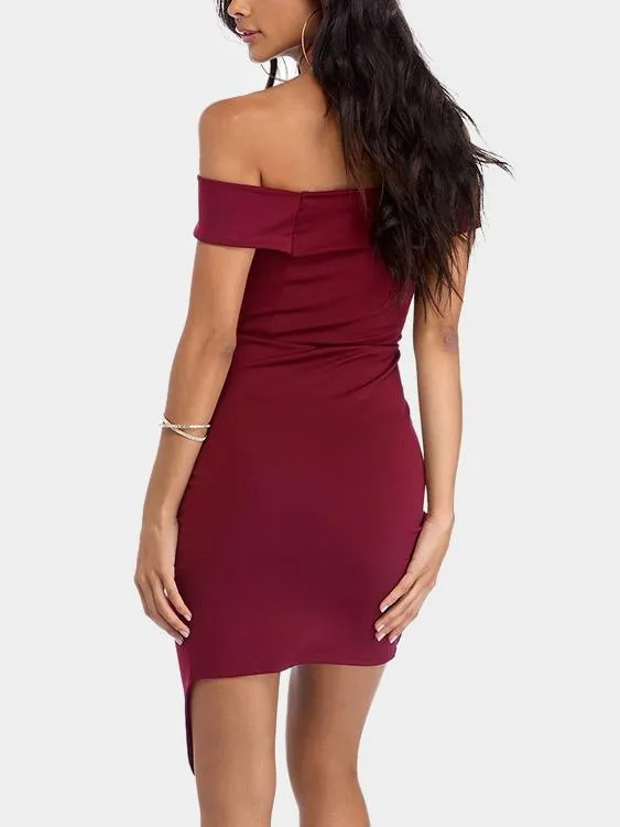 Wholesale Burgundy Off The Shoulder Short Sleeve Plain Slit Irregular Hem Mini Dresses