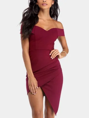 Wholesale Burgundy Off The Shoulder Short Sleeve Plain Slit Irregular Hem Mini Dresses