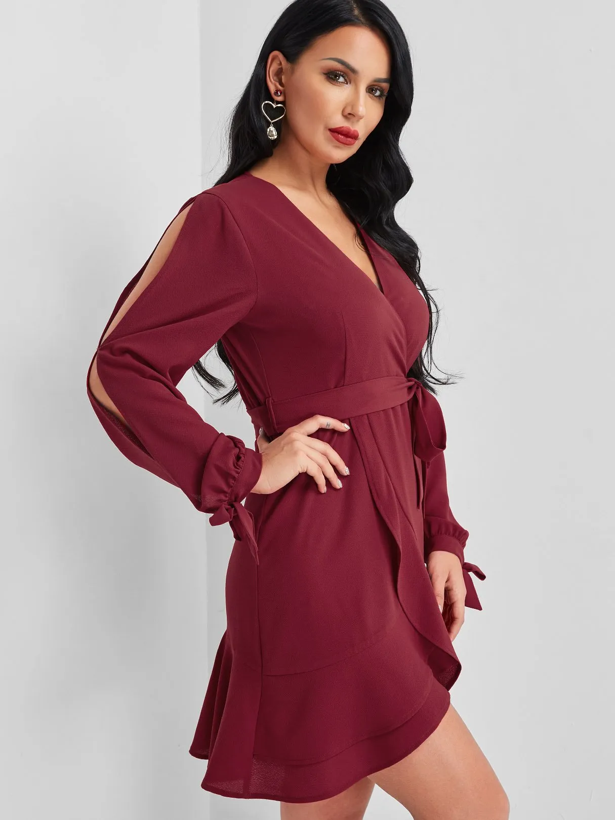 Wholesale Burgundy V-Neck Long Sleeve Plain Cut Out Belt Wrap Flounced Hem Mini Dress