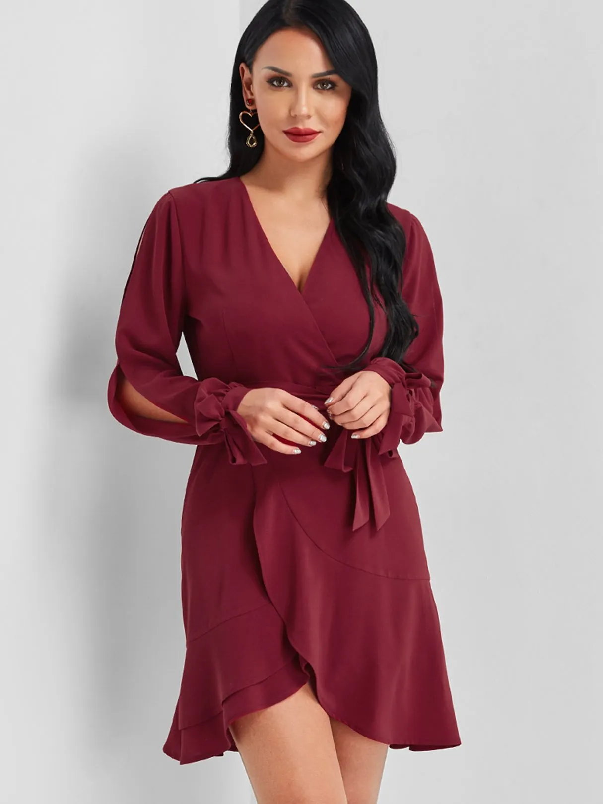 Wholesale Burgundy V-Neck Long Sleeve Plain Cut Out Belt Wrap Flounced Hem Mini Dress