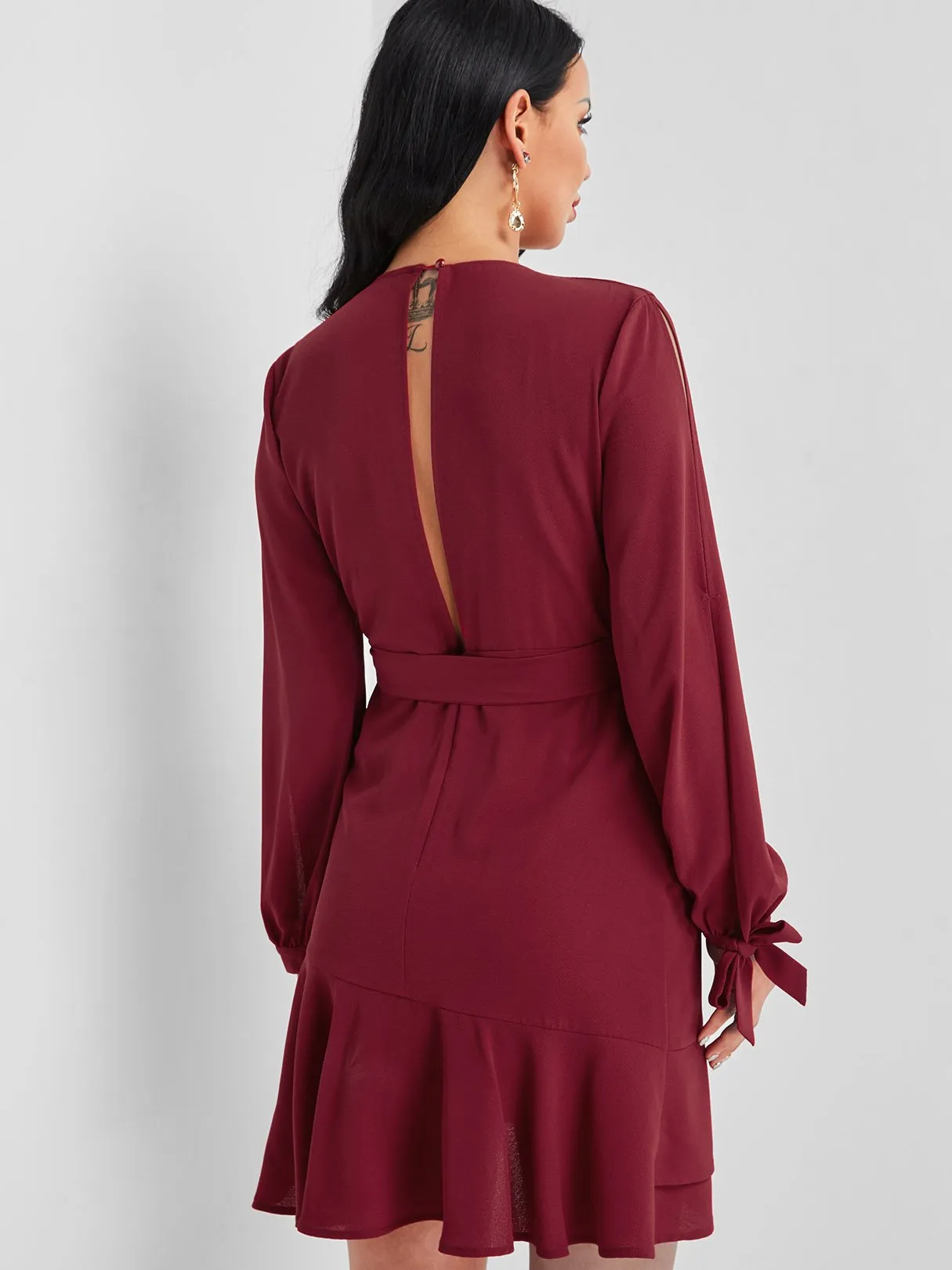 Wholesale Burgundy V-Neck Long Sleeve Plain Cut Out Belt Wrap Flounced Hem Mini Dress