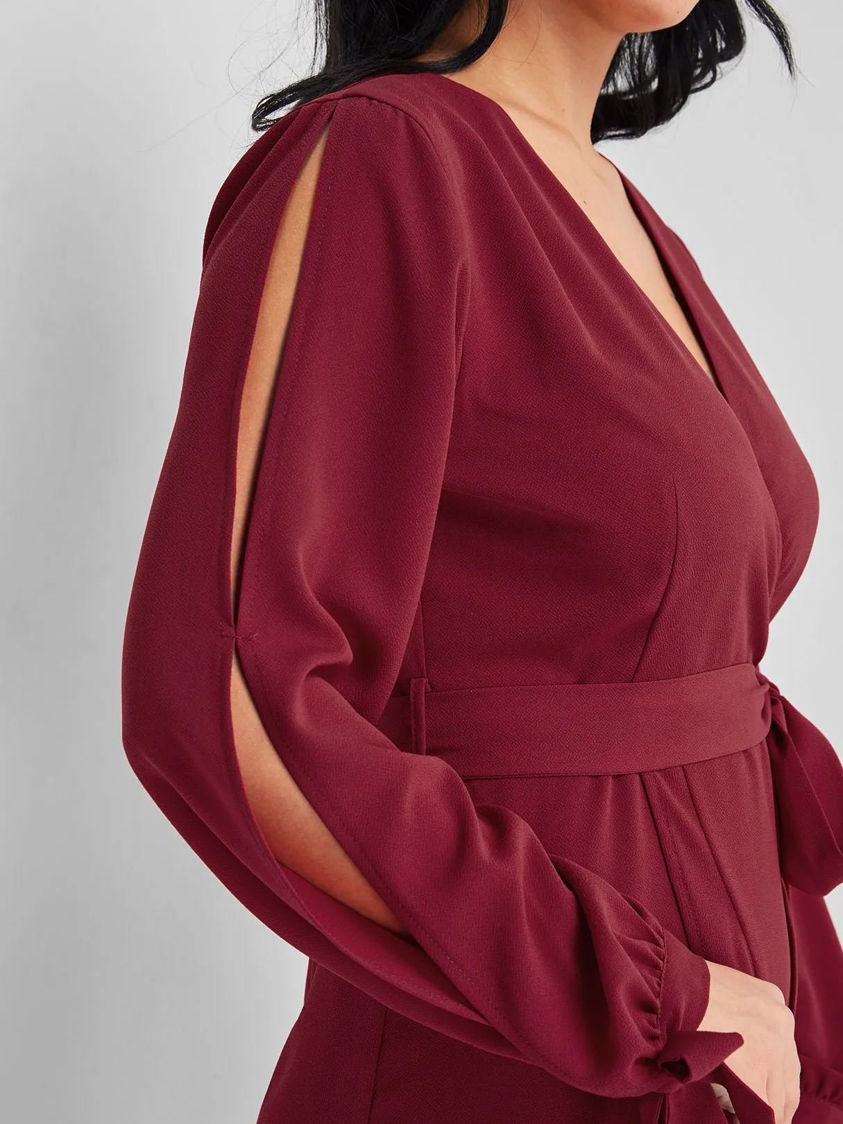 Wholesale Burgundy V-Neck Long Sleeve Plain Cut Out Belt Wrap Flounced Hem Mini Dress