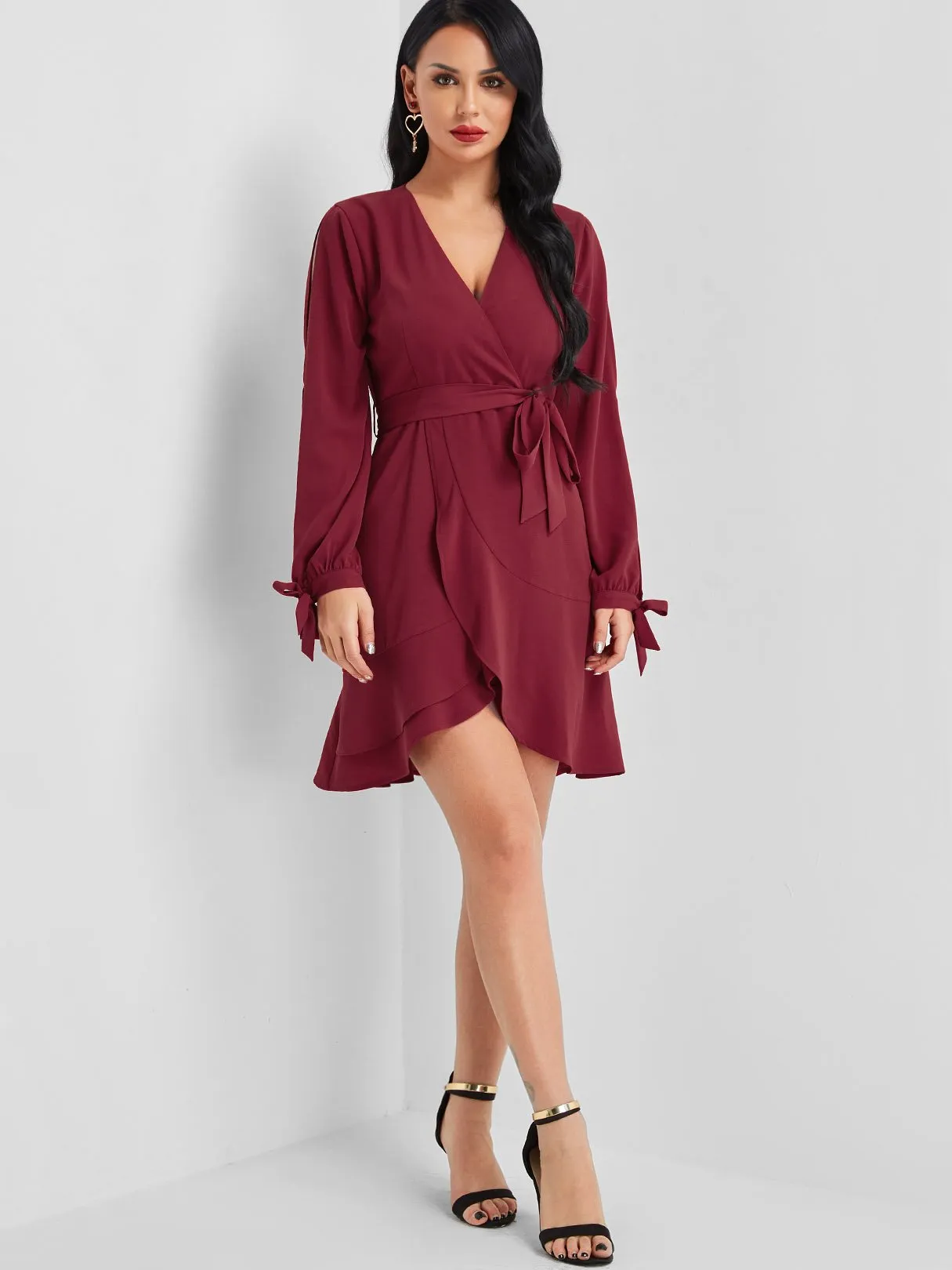 Wholesale Burgundy V-Neck Long Sleeve Plain Cut Out Belt Wrap Flounced Hem Mini Dress