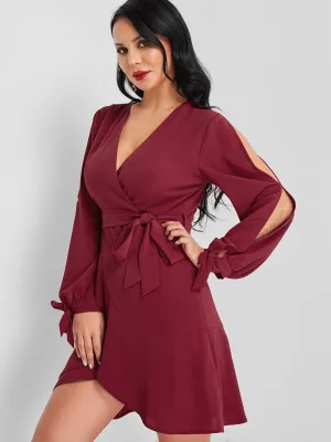 Wholesale Burgundy V-Neck Long Sleeve Plain Cut Out Belt Wrap Flounced Hem Mini Dress