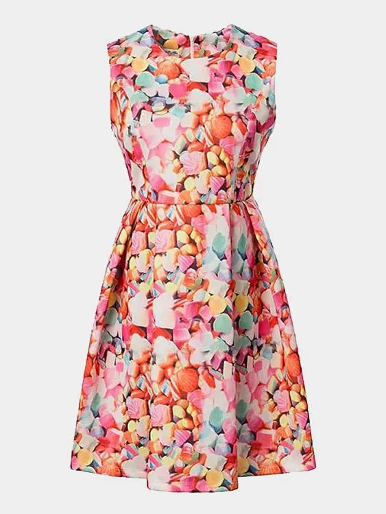 Wholesale Crew Neck Floral Print Zip Back Ruffle Hem Mini Dress