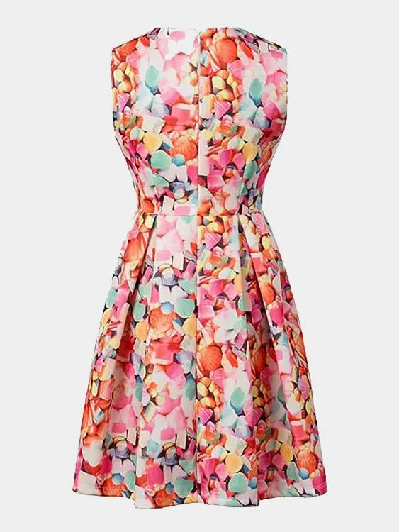 Wholesale Crew Neck Floral Print Zip Back Ruffle Hem Mini Dress