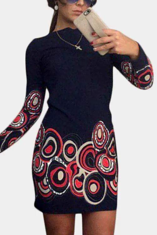 Wholesale Long Sleeve Round Neck Floral Print Black Fashion Mini Dress