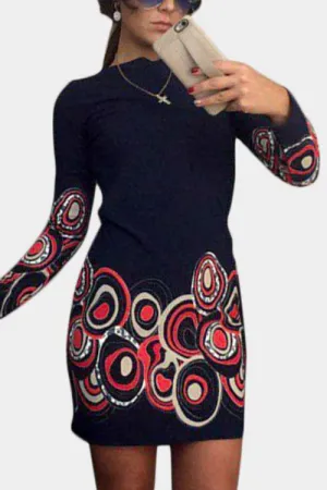 Wholesale Long Sleeve Round Neck Floral Print Black Fashion Mini Dress