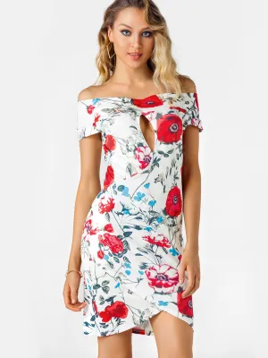 Wholesale Off The Shoulder Short Sleeve Floral Print Crossed Front Backless Cut Out Mini Dress
