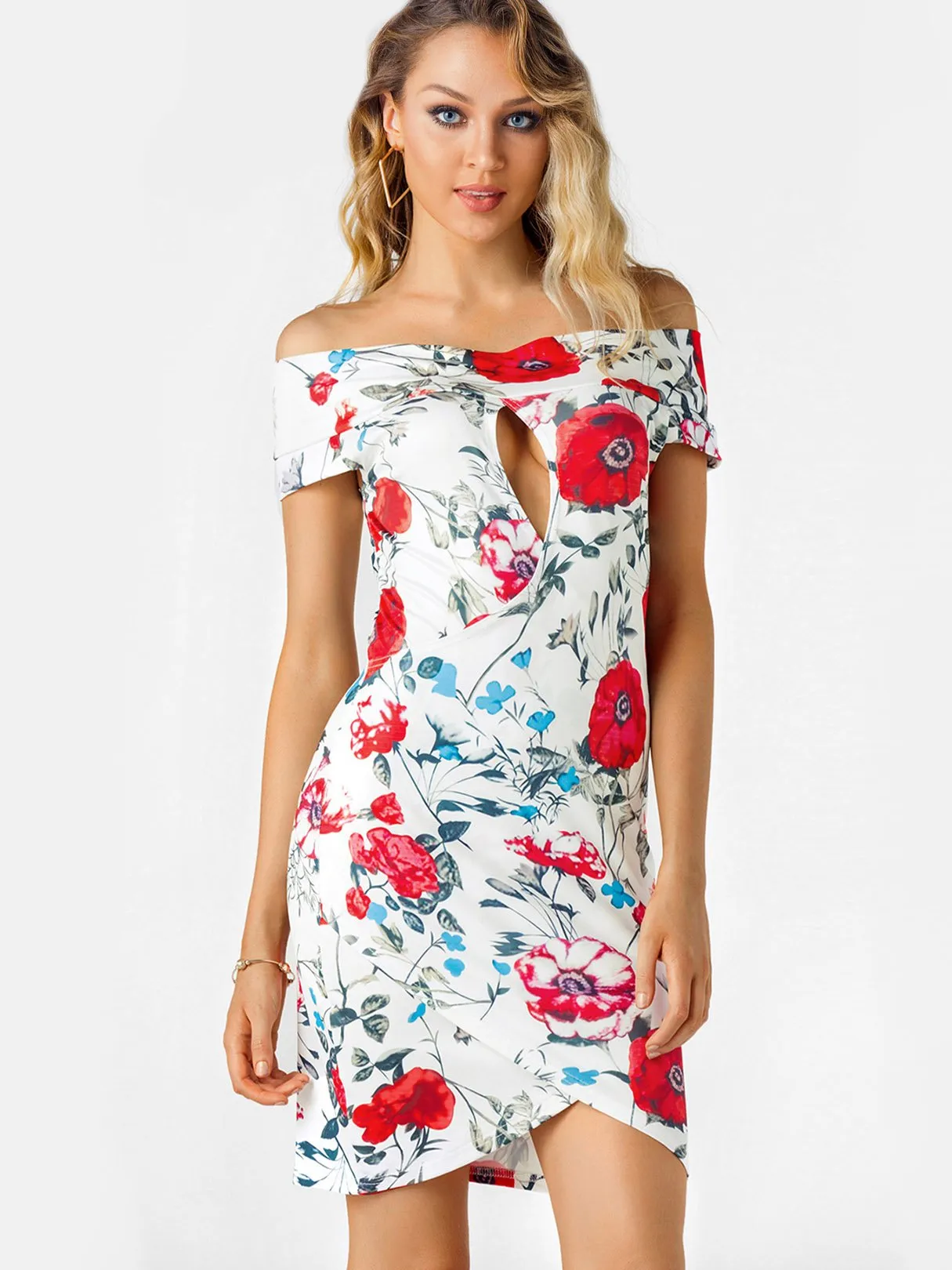 Wholesale Off The Shoulder Short Sleeve Floral Print Crossed Front Backless Cut Out Mini Dress