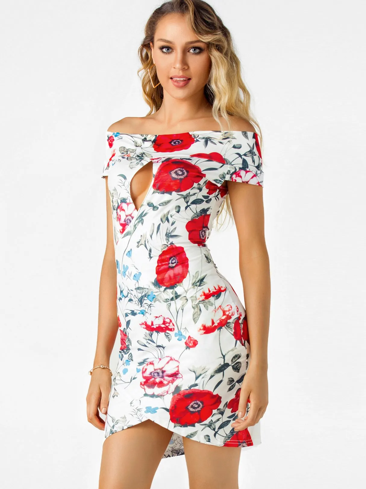 Wholesale Off The Shoulder Short Sleeve Floral Print Crossed Front Backless Cut Out Mini Dress