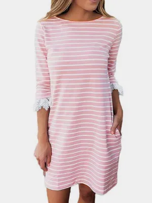 Wholesale Pink Round Neck 3/4 Length Sleeve Stripe Lace Mini Dress