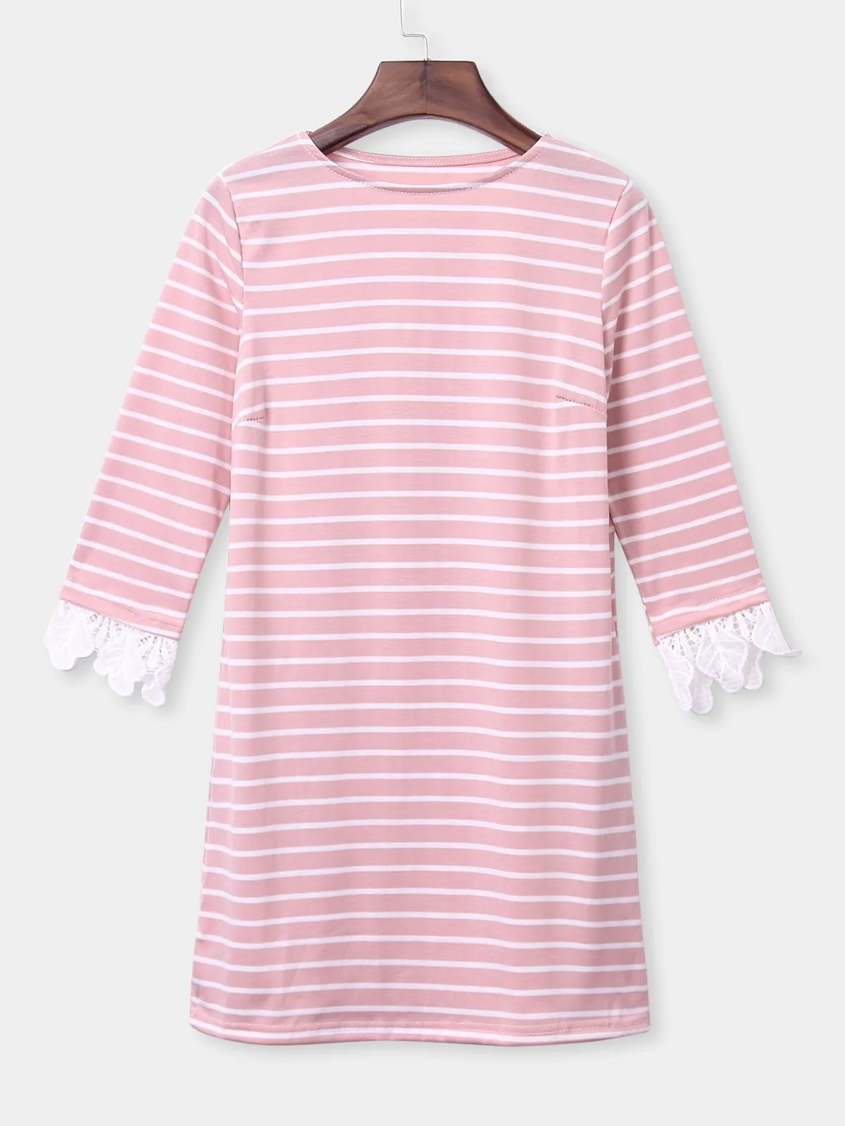 Wholesale Pink Round Neck 3/4 Length Sleeve Stripe Lace Mini Dress
