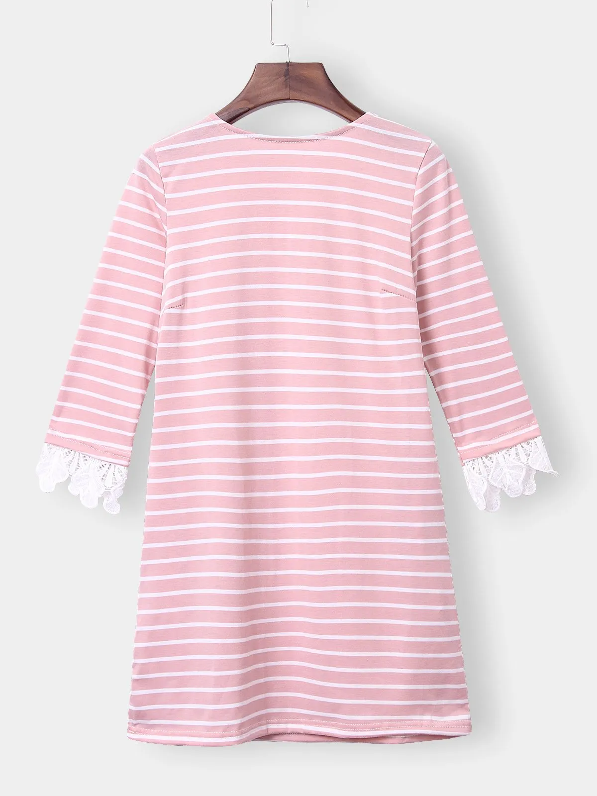Wholesale Pink Round Neck 3/4 Length Sleeve Stripe Lace Mini Dress