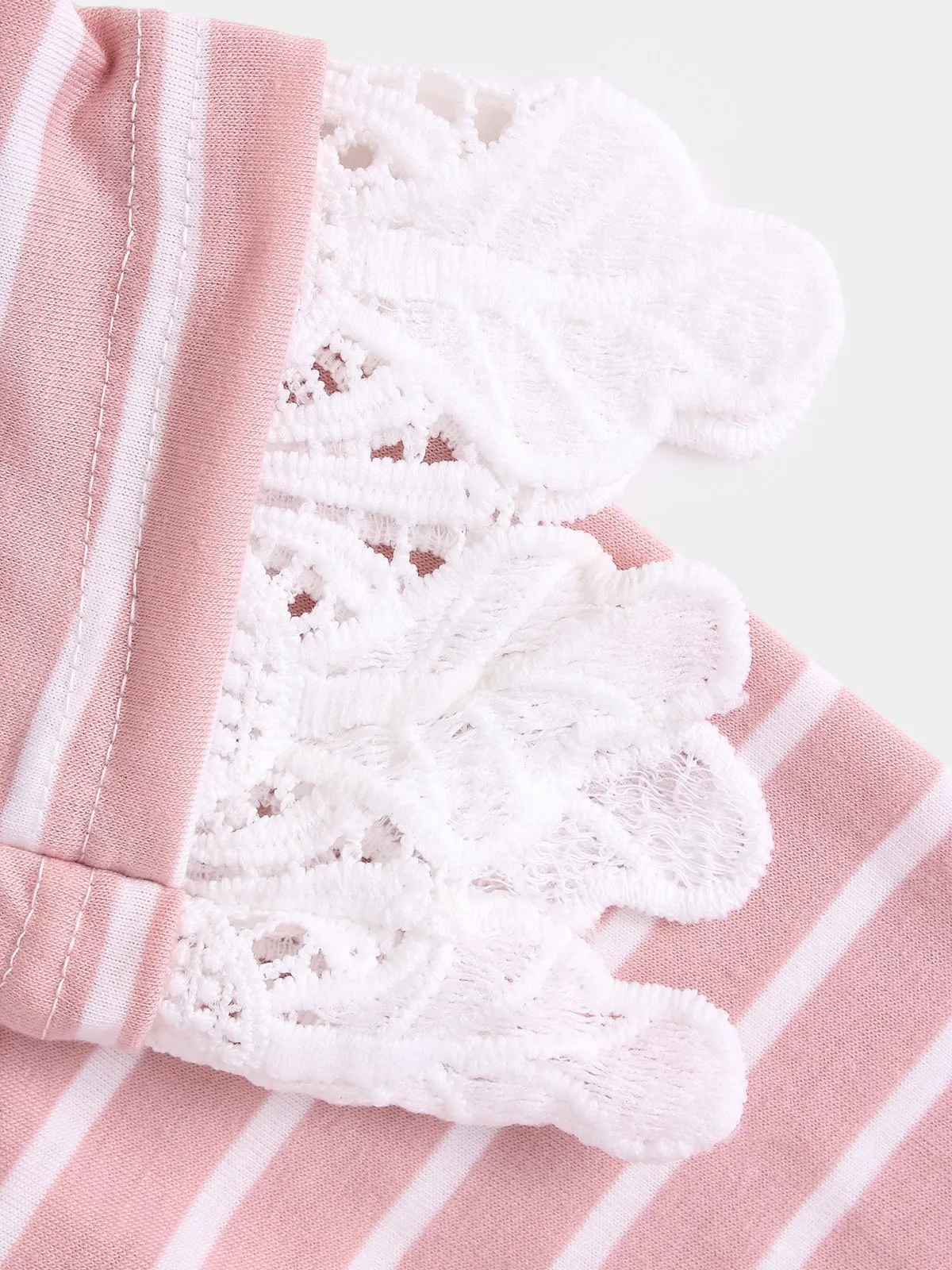 Wholesale Pink Round Neck 3/4 Length Sleeve Stripe Lace Mini Dress