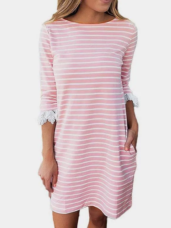 Wholesale Pink Round Neck 3/4 Length Sleeve Stripe Lace Mini Dress