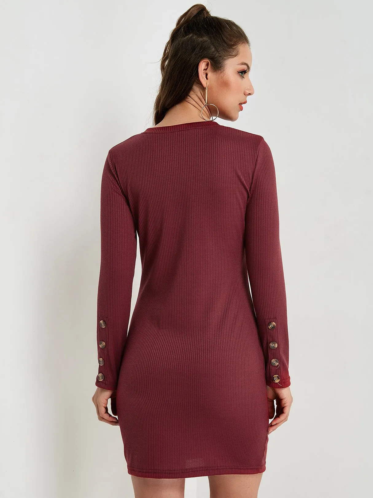 Wholesale Round Neck Long Sleeve Slit Hem Mini Dress