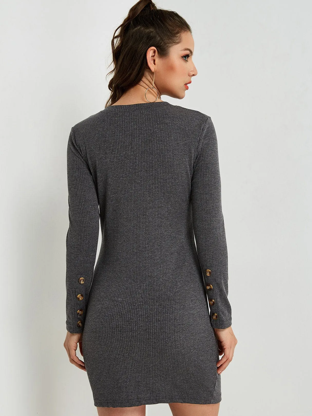 Wholesale Round Neck Long Sleeve Slit Hem Mini Dress