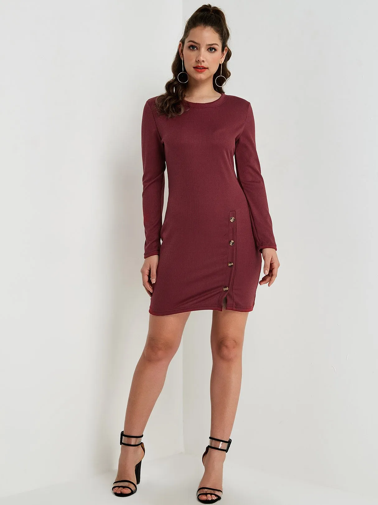 Wholesale Round Neck Long Sleeve Slit Hem Mini Dress