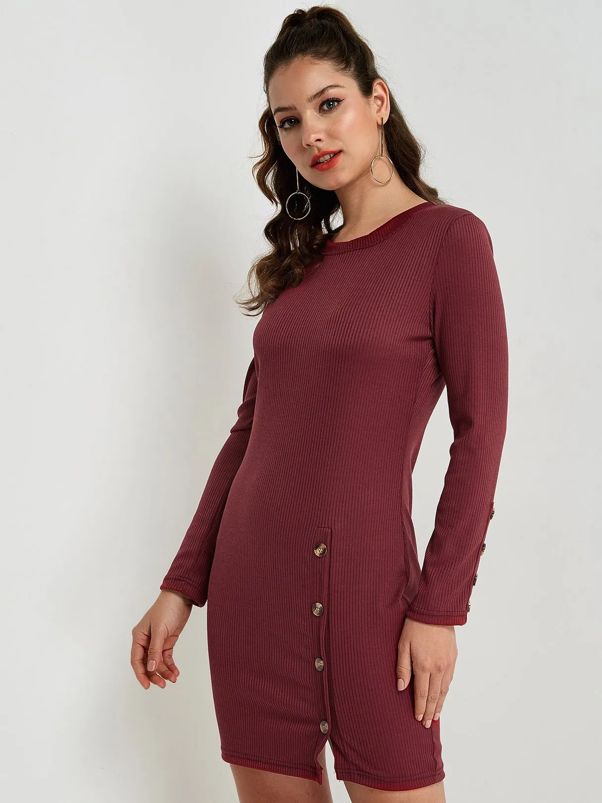 Wholesale Round Neck Long Sleeve Slit Hem Mini Dress
