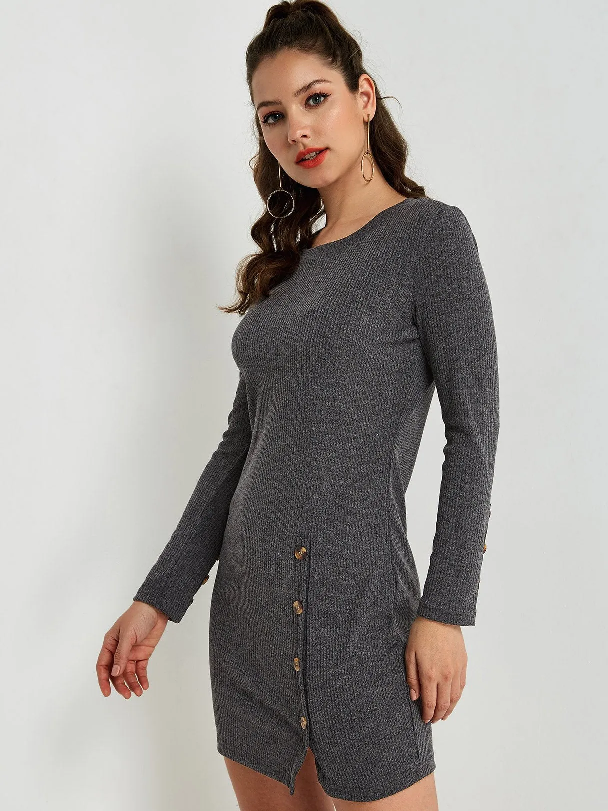 Wholesale Round Neck Long Sleeve Slit Hem Mini Dress