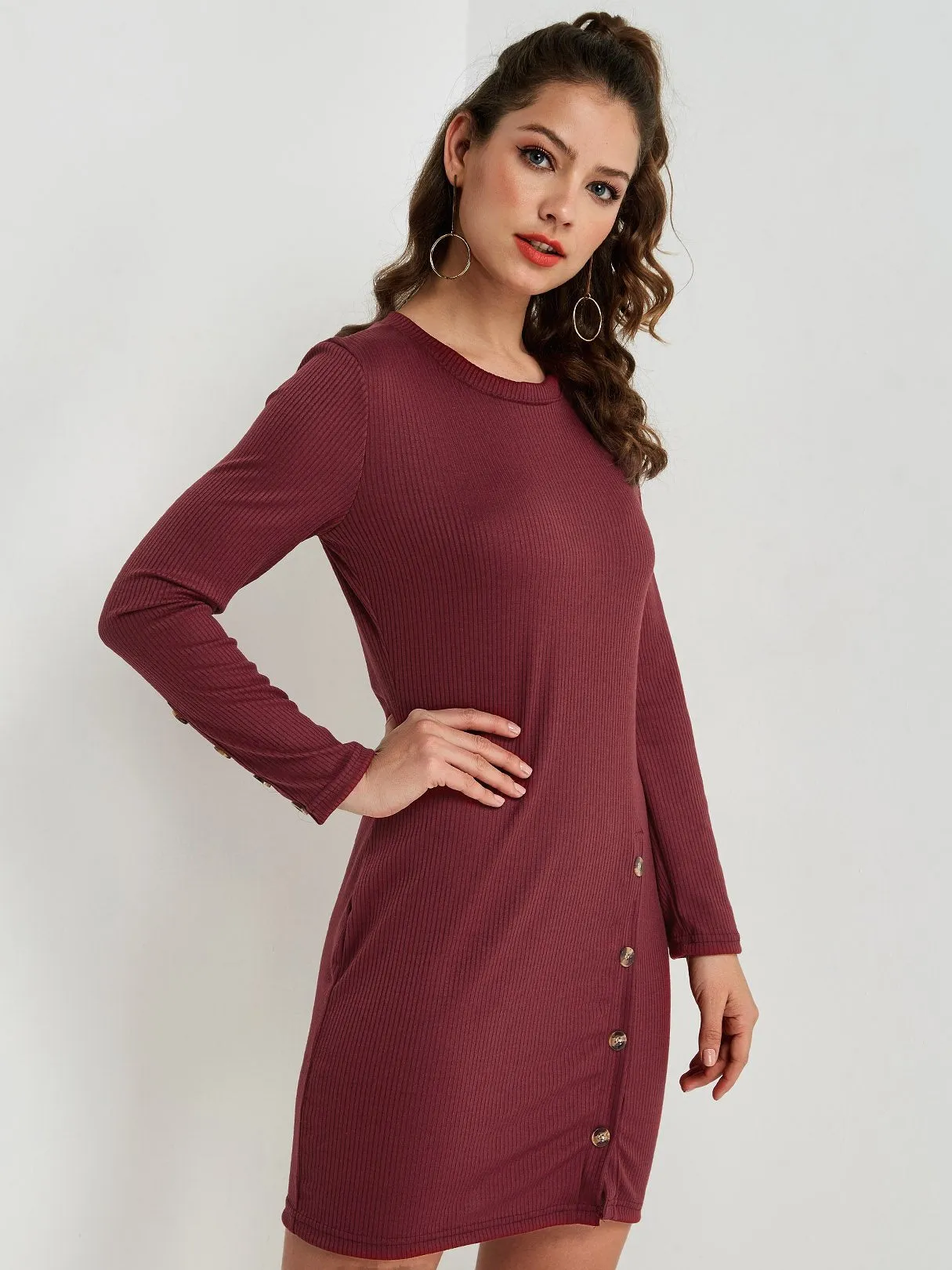 Wholesale Round Neck Long Sleeve Slit Hem Mini Dress